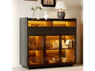 Buffet vitrine 100x40x91.5cm avec verre de sécurité teinté, 2 tiroirs à façade vitrée et éclairage led multicolore, meuble bar, noir