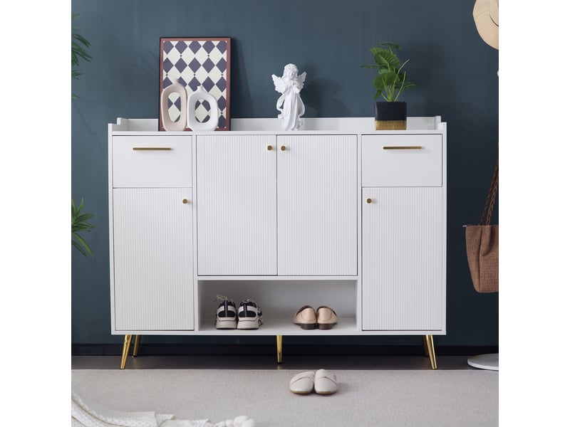 Meuble à chaussures 130x37x100 cm avec 2 tiroirs et 4 portes, moderne, design simple, panneau de particules, blanc - Conforama B