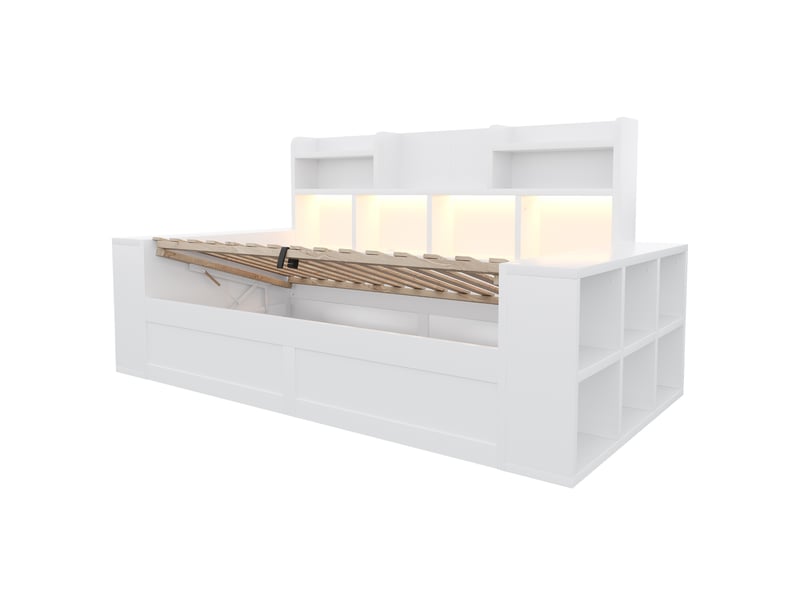  Canapé-lit multifonctionnel en bois 90 × 200 cm, avec rangement hydraulique, compartiments de rangement et étagères dans le dossier et les accoudoirs, prise électrique et éclairage led, blanc  - Conforama D