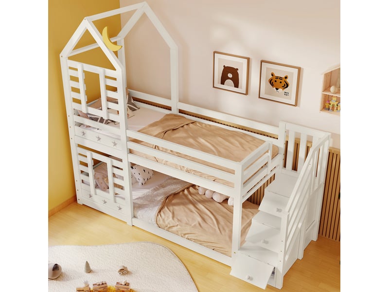  Lit superposé enfant cabane 90x200 cm avec rangements et tiroirs blanc  - Conforama D
