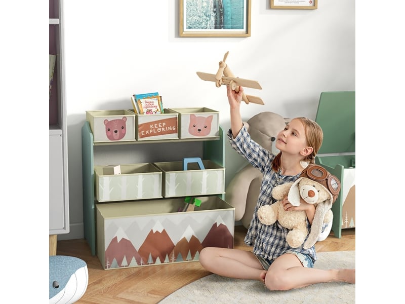  Armoire enfant de rangement 63x30x66 cm – vert – 6 bacs en tissu pour jouets et livres, motif ludique  - Conforama B