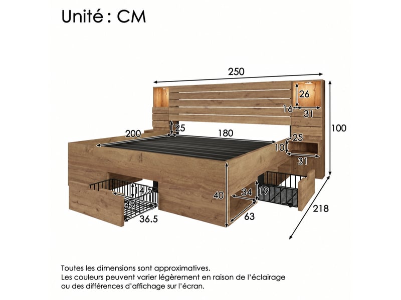  Lit double 180x200 cm avec 3 tiroirs, led et usb-c, effet chêne  - Conforama C