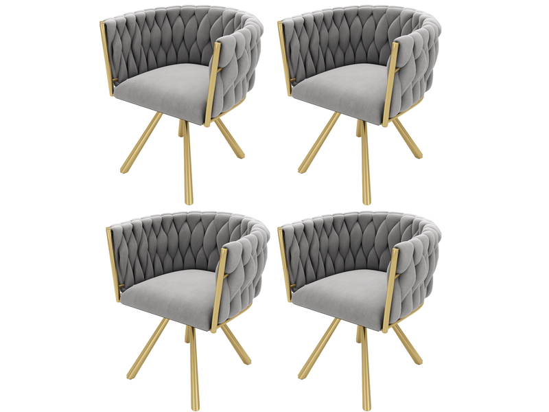  Lot de 4 chaises pivotantes de salle à manger en velours avec dossier tressé incurvé et 4 pieds en métal doré,gris chaise gris - Conforama A