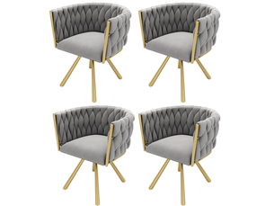 Lot de 4 chaises pivotantes de salle à manger en velours avec dossier tressé incurvé et 4 pieds en métal doré,gris