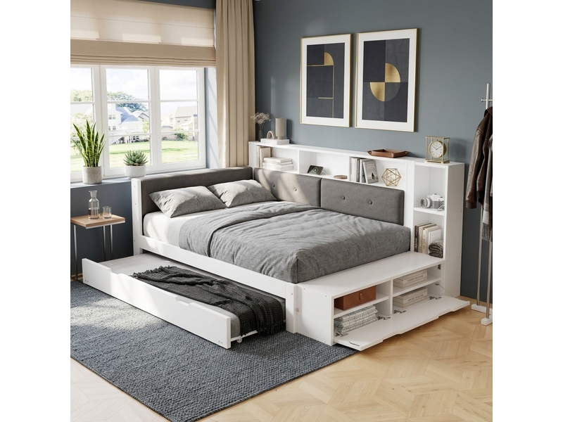  Lit en bois et tissu blanc et gris 120x200 cm  - Conforama E