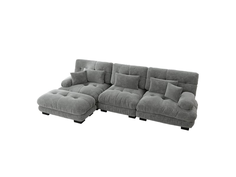  Canapé d'angle modulable avec ottoman, assise profonde et coussins d'appoint en chenille gris  - Conforama A