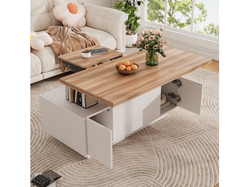  Table basse rectangulaire à double plateau relevable – rangement caché – blanc et bois – 100 x 50 cm  - Conforama B