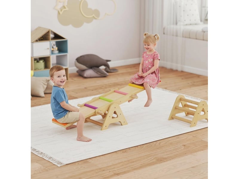 Planche d'équilibre enfant 133x38x24 cm multicolore en bois, bascule 2 en 1 avec structure stable - Conforama E