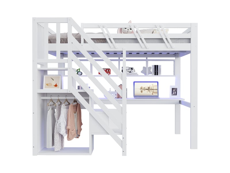 Lit mezzanine 140x200 cm avec bureau, escalier de rangement et led, lit enfant et ado en bois massif blanc, prise usb intégrée - Conforama R