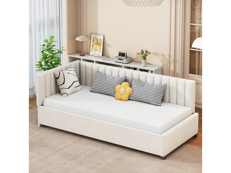  Canapé-lit enfant 90 x 200 cm avec sommier à lattes, cadre de lit 1 personne avec tete de lit rembourré, tissu velours, beige  - Conforama E
