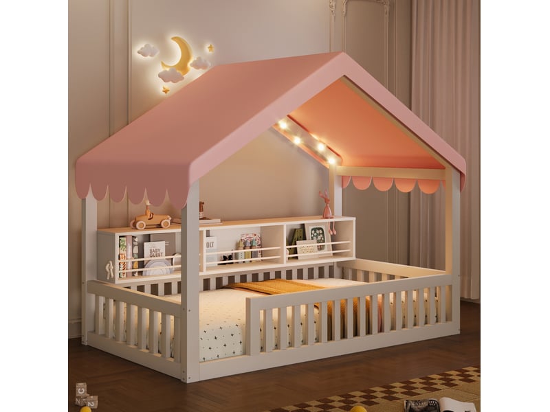 Lit cabane enfant tcqpz 90 x 200 cm avec baldaquin guirlande led bibliothèque et barrières blanc - Conforama E