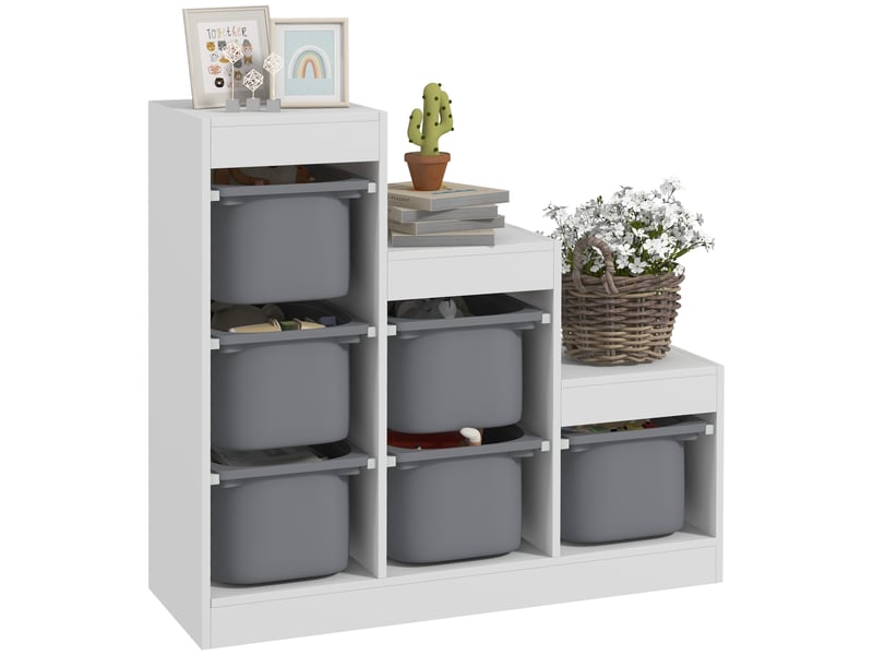  Meuble de rangement pour jouets à 3 niveaux avec 6 bacs pour enfants de 3 à 8 ans, 96 x 38,5 x 90 cm, gris  - Conforama A