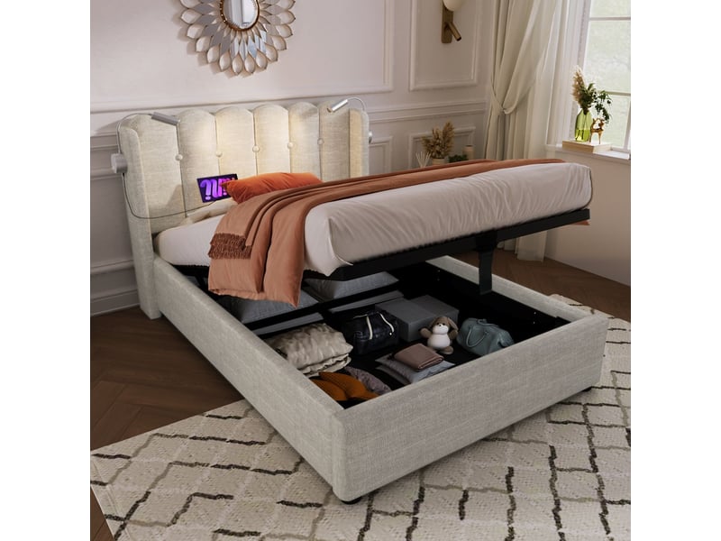  Lit coffre 90x200 avec matelas et 2 ports usb - lit rembourré - lampe de lecture, en tissu lin beige, grand rangement  - Conforama A