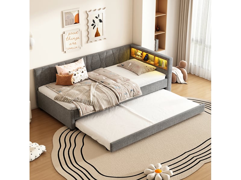 Lit enfant 90x200 cm (gigogne 90x190 cm) gain de place led couleur usb et type‑c rangements lin mdf gris sans matelas - Conforama R