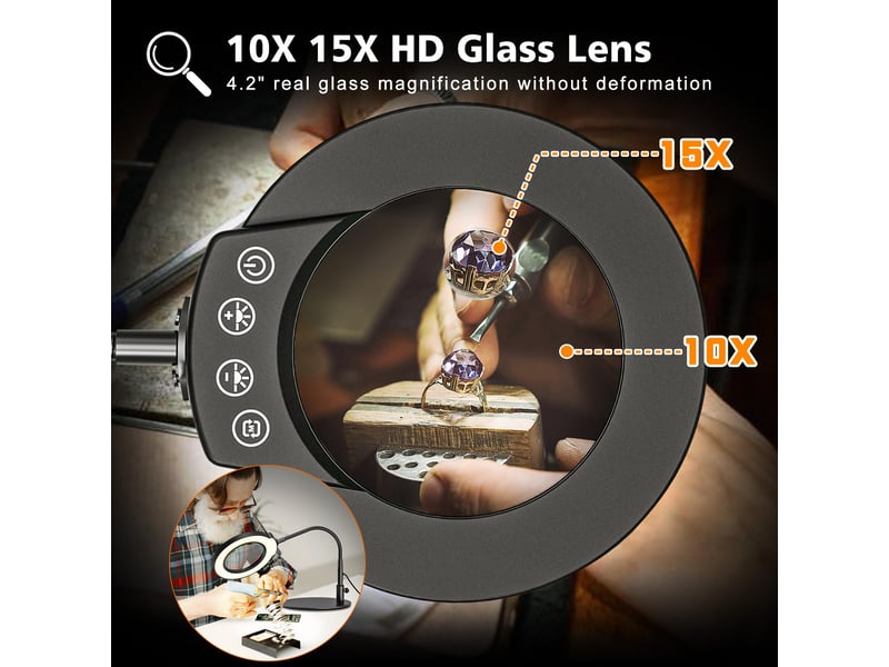  Lampe loupe led avec pied et base, grossissement 10x15x, 5 modes de couleur, intensité réglable en continu  - Conforama B