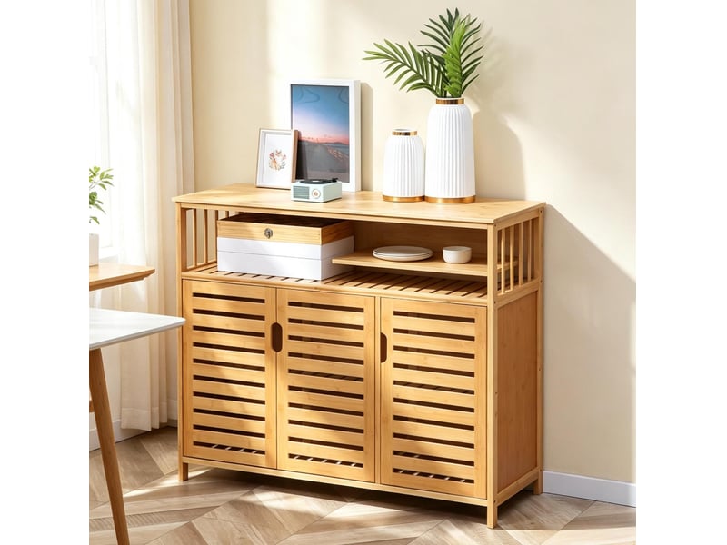 Buffet 100w x 35d x 82h cm en bambou à 3 portes et étagère ouverte naturel chicfurn - Conforama B