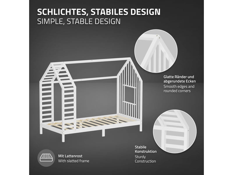  Ml-design lit cabane enfant avec matelas et sommier en bois de pin massif 90x200 cm, blanc, forme de maison avec toit et fenêtre, cadre montessori robuste pour filles et garçons, charge max. 100 kg ECD Germany GmbH - Conforama D