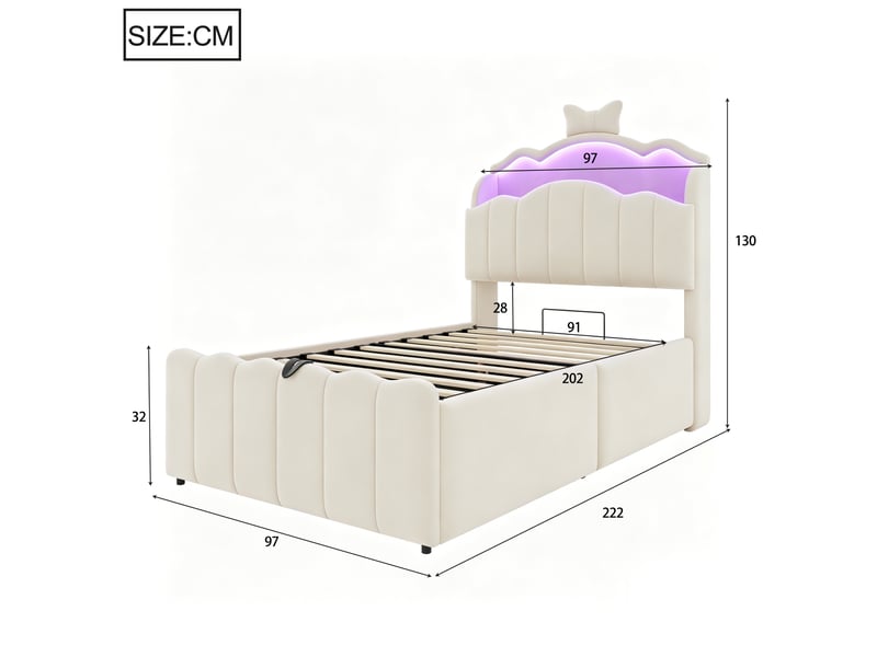  Lit coffre 90x200 cm - lit enfant 90x200 - lit simple en velours avec led rgb, prises usbtype-c &amp; tête rabattable - blanc  - Conforama E