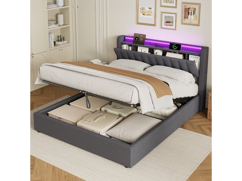  Lit coffre 2 places 160 x 200 cm cm avec led et usb, velours, gris foncé  - Conforama B