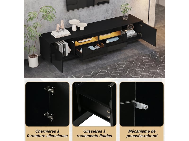  Meuble tv 180 cm noir brillant pour téléviseur 75 pouces avec éclairage led et 2 tiroirs  - Conforama E