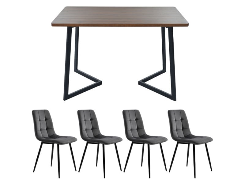  Ensemble salle à manger 5 pièces: table moderne mdf noyer et pieds métal noirs, 4 chaises velours gris foncé  - Conforama E