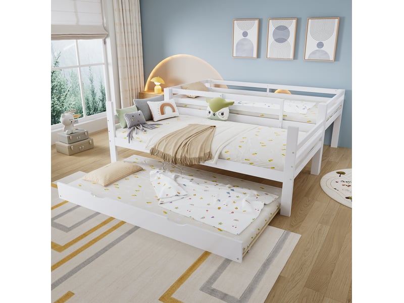 Lit superposé enfant 90x200 cm blanc avec lit gigogne à roulettes et étagères  - Conforama E