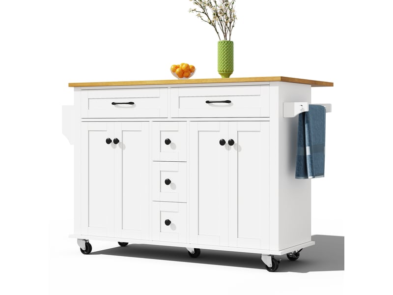  Desserte de cuisine 140x65x89 cm blanc et naturel en mdf, plateau rabattable, 5 tiroirs et 2 placards  - Conforama A
