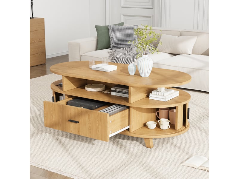  Table basse ovale bois clair avec 1 tiroir - 50x100 cm mdf table basse bois clair - Conforama B