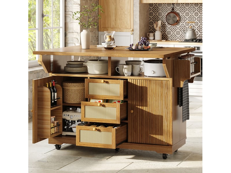 Desserte de cuisine rabattable avec 3 tiroirs et roulettes, rangements pour cuisine, balcon et camping en mdf marron foncé  - Conforama D