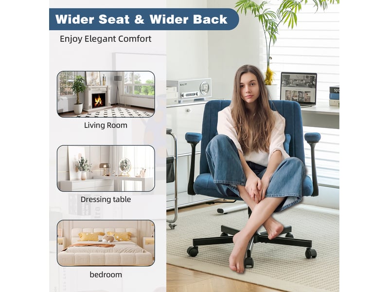 Fauteuil de bureau en velours bleu, réglable en hauteur, pivotant avec accoudoirs relevables et roulettes silencieuses - Conforama D