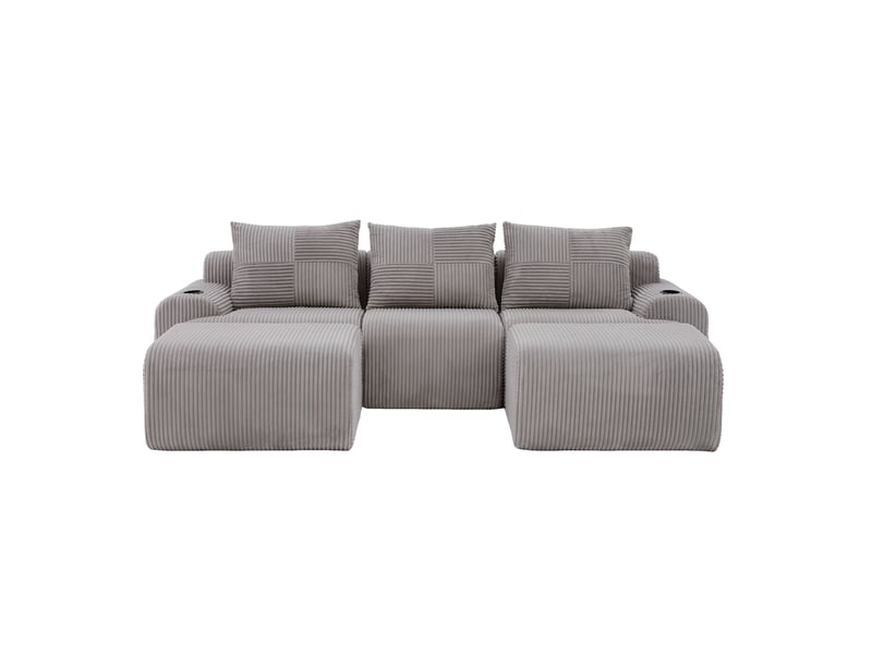 Canapé modulable 3 places 268x174x80 cm porte-gobelets poche latérale assise large confort velours côtelé gris clair  - Conforama A