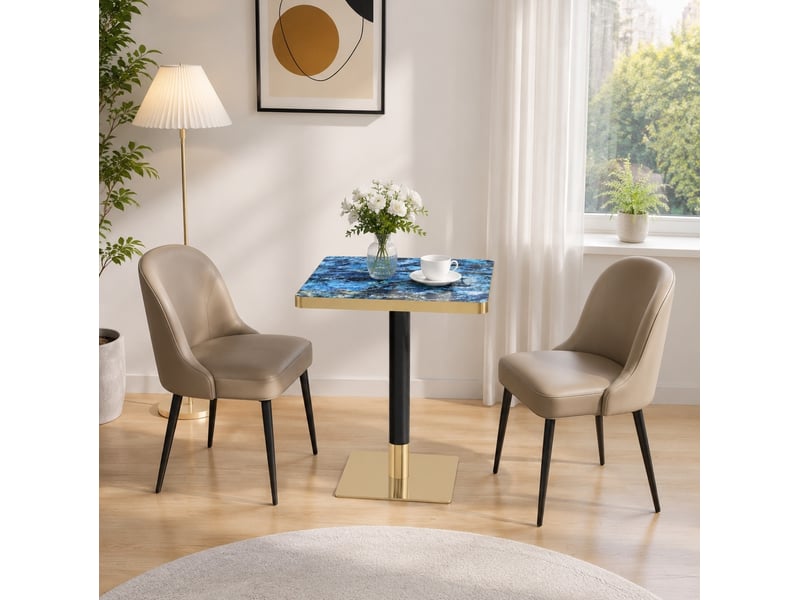  Table de salle à manger carrée pour 2 à 4 personnes, effet marbre, piètement en métal bleu, 60 × 60 × 74 cm  - Conforama B