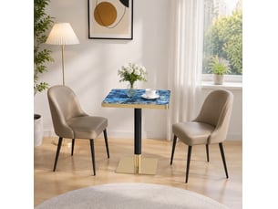 Table de salle à manger carrée pour 2 à 4 personnes, effet marbre, piètement en métal bleu, 60 × 60 × 74 cm