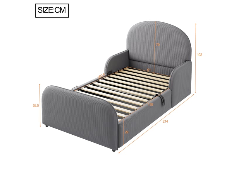  Lit enfant capitonné 90 x 200 cm gris avec coffre hydraulique, tête haute et barrières de sécurité sûres  - Conforama B