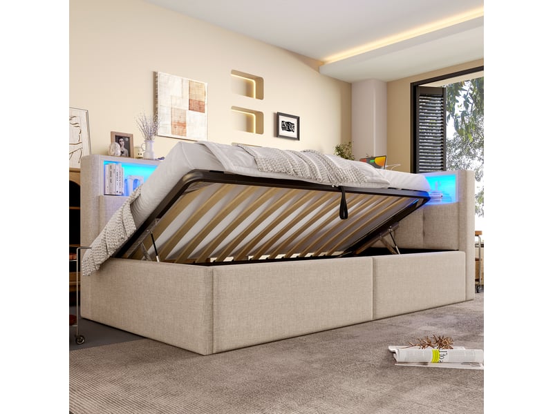  Lit 90x200 cm coffre 1 place avec tête rangement et led, lin, beige, sans matelas  - Conforama D
