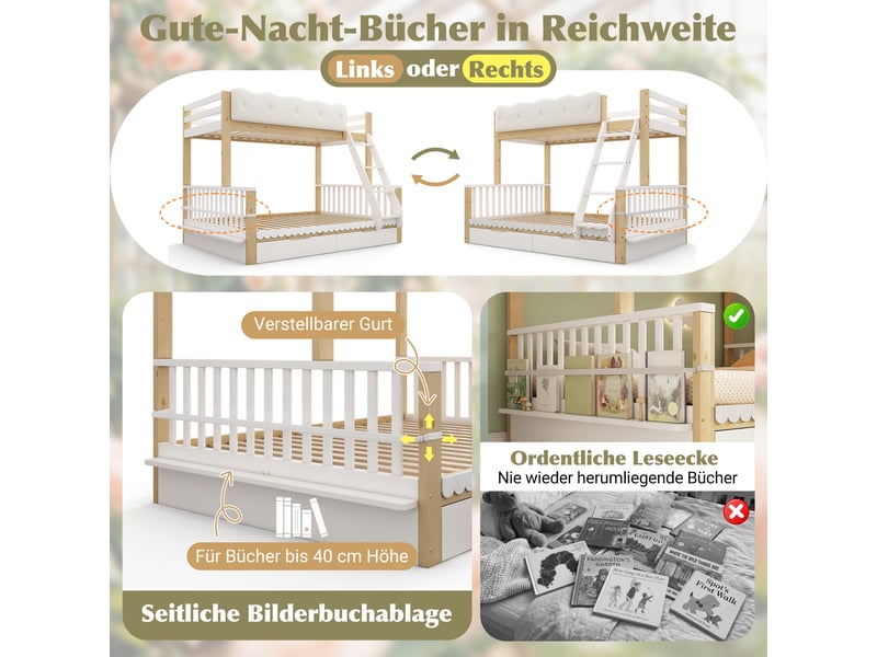 Lit superposé 90x200 et 140x200 avec barrière nuage, lit familial en bois pour enfants et adultes, tiroirs et porte-revues, blanc et chêne - Conforama E