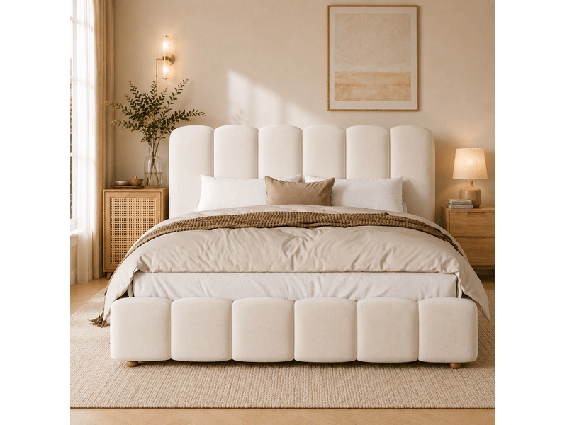 Lit double 140 × 190 cm avec coffre hydraulique, sommier à lattes et tête de lit en velours beige pour chambre - Conforama E