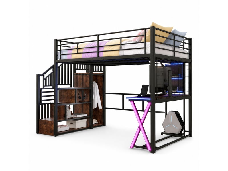  Lit mezzanine double 140×200 cm avec bureau, armoire, étagères et led  - sans matelas, métal et mdf - noir  - Conforama A