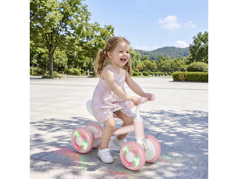  Draisienne bébé 1-2 ans, 4 roues lumineuses, siège réglable, direction limitée, pneus eva silencieux, 52x22x37cm, rose  - Conforama D