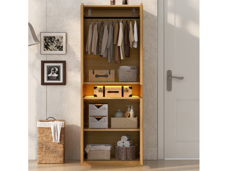  Armoire modenvie de rangement 70 x 55 x 180 cm avec éclairage led et penderie finition bois  - Conforama B