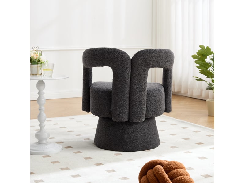  Fauteuil pivotant 360 degrés avec dossier enveloppant et assise rembourrée en tissu bouclé gris foncé, 67 × 55 × 74 cm  - Conforama C