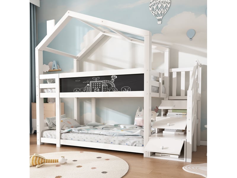  Modenvie lit superposé enfant cabane 90x200 cm - avec rangements, tableau et sommier inclus - blanc  - Conforama B