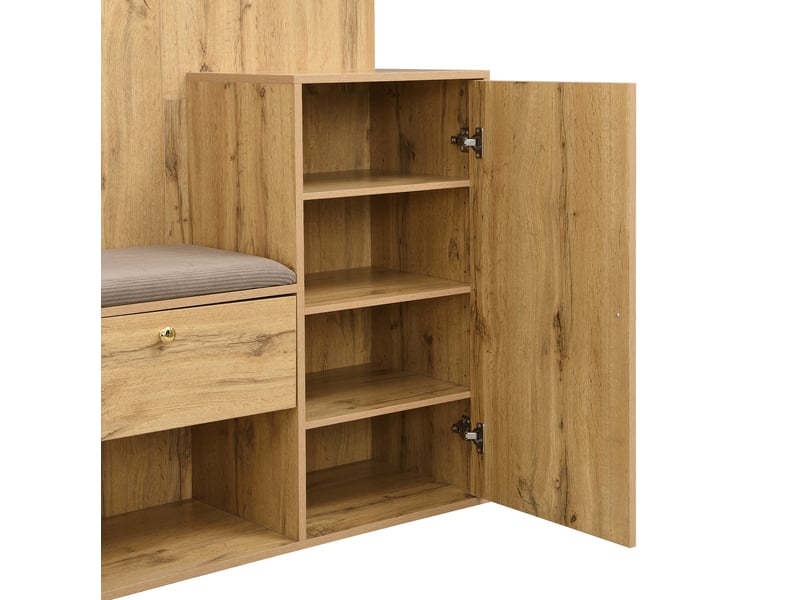  Meuble d’entrée 185 cm, meuble mural de salon, étagère, armoire, meuble à chaussures, miroir, mdf, couleur bois clair  - Conforama D