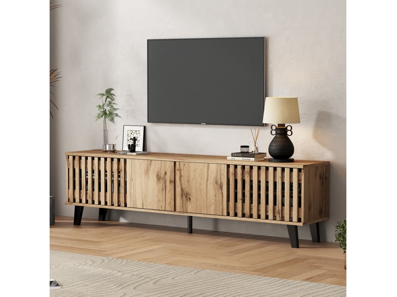  Meuble tv tcqpz 180 x 40 x 55 cm en panneau de particules coloris bois naturel pour téléviseur 70 pouces avec 8 rangements et 1 plateau ouvert  - Conforama D