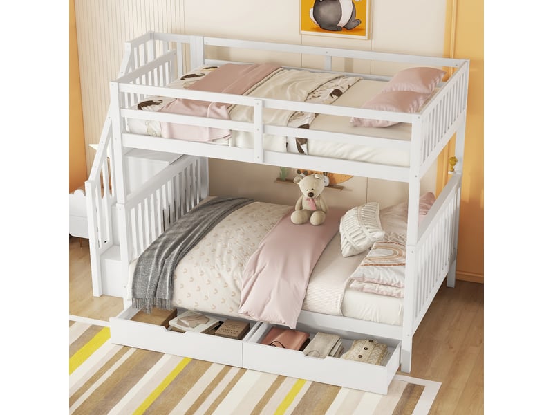 Lit superposé 140x200 cm avec escalier de rangement et 2 tiroirs, blanc - Conforama B