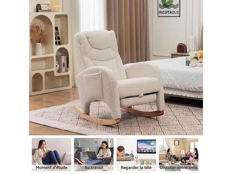  Chaise à bascule tissu teddy blanc, fauteuil relax avec accoudoirs et repose-pieds pliable, structure en bois, 66x125x101 cm, charge 110 kg  - Conforama E