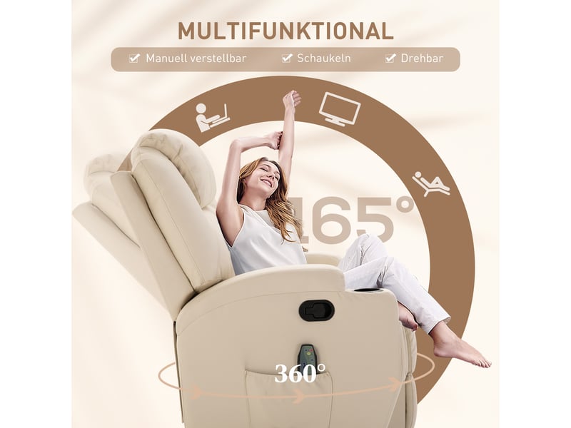  Fauteuil relax massant inclinable,84x92x109 cm,avec repose-pieds,similicuir,crème  - Conforama D