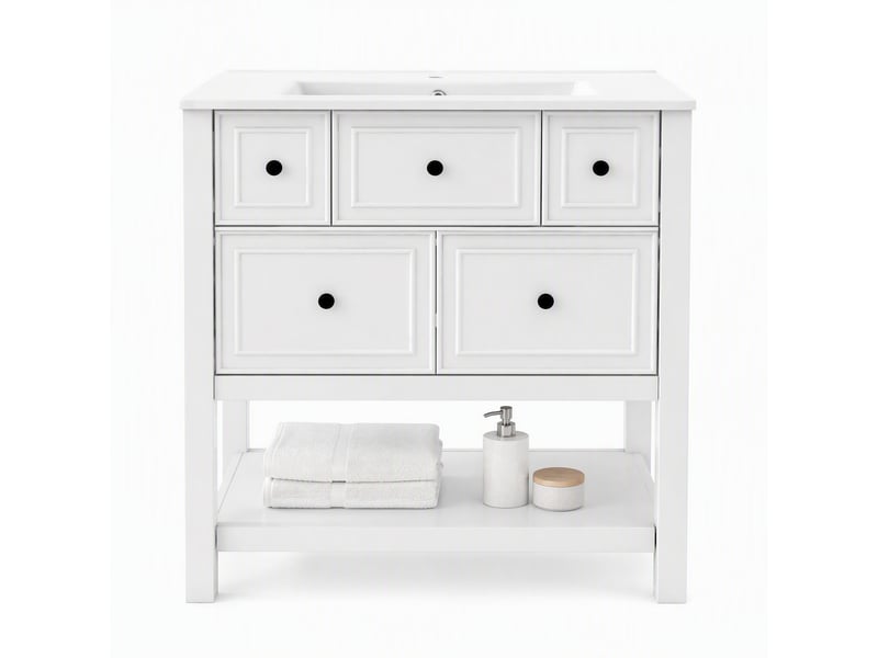  Meuble sous vasque avec 5 tiroirs et espaces ouverts, vasque en céramique, salle de bain, mdf blanc 76×46,5×82 cm  - Conforama A