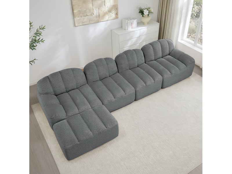  Canapé d'angle modulable 4 places gris en tissu bouclette avec ottoman, confort souple pour le salon familial  - Conforama E