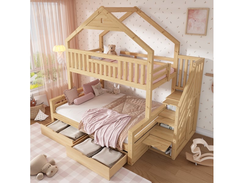  Lit superposé cabane modenvie avec couchages 90 x 200 cm et 140 x 200 cm, escalier de rangement et deux tiroirs, coloris chêne  - Conforama D